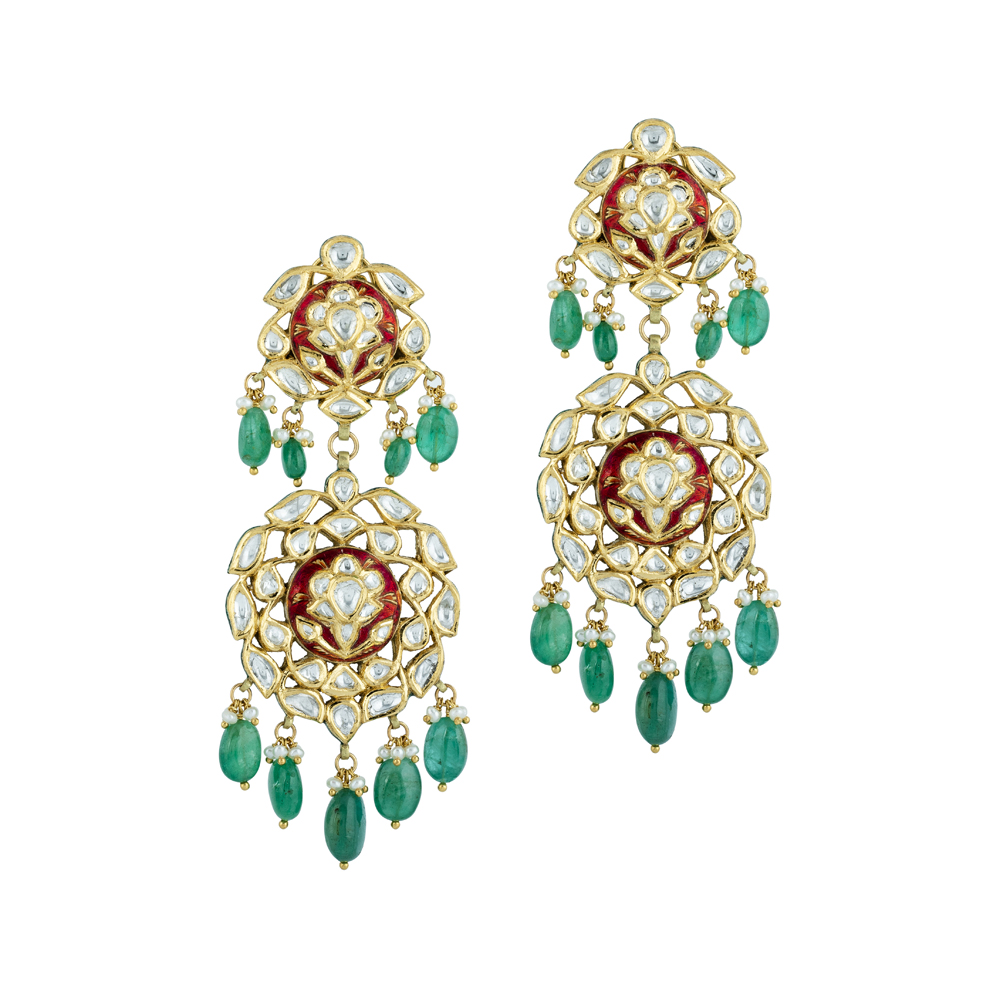 Polki Earrings with Red Enamel Base and Emerald Drops